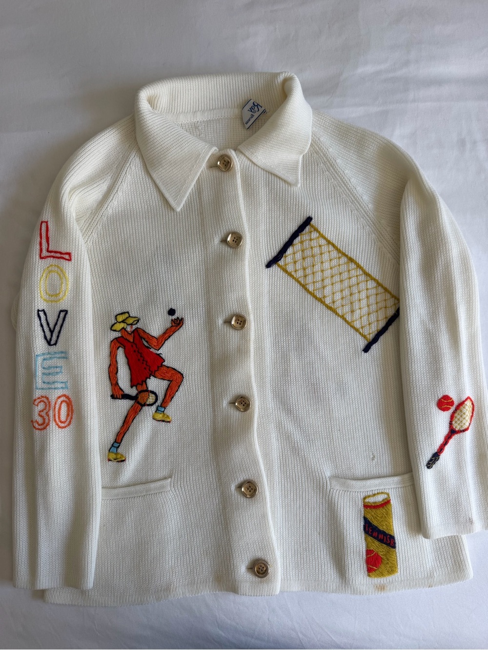 VTG 70s Leroy Tennis Preppy Embroidered Gold Button Knit Cardigan Sweater